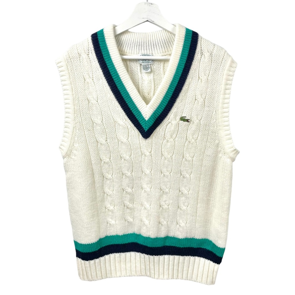 Vintage Men’s  Lacoste Izod Varsity Tennis V Neck Cable Knit Sweater Vest Size L